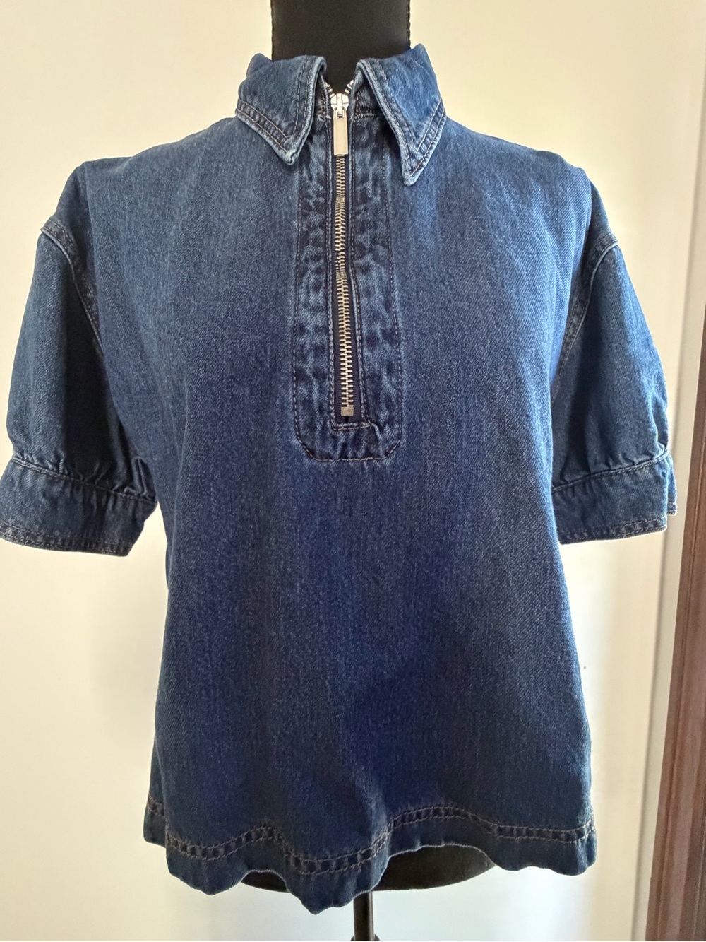 Velvet Heart Denim Half Zip Short Sleeve Pullover Top Blue Y2K 90s Style